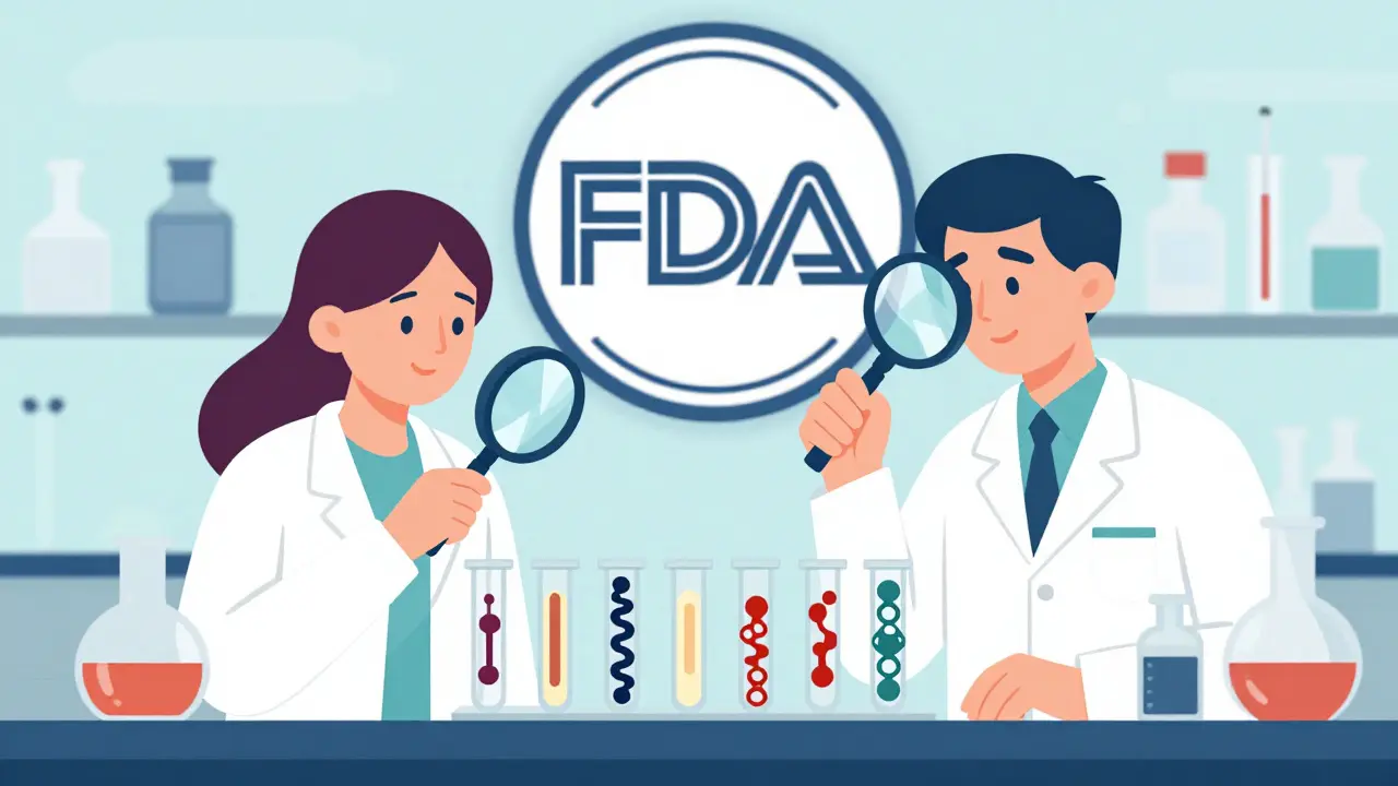 Scientists examining slightly varied protein molecules in a lab, with tools showing biological variability under control.