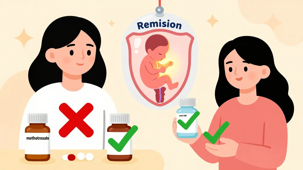 Split illustration showing dangerous IBD drugs crossed out and safe ones checked with protected fetus