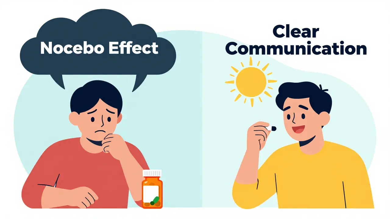 Split scene: one patient fearful of generics, another confident after clear explanation.