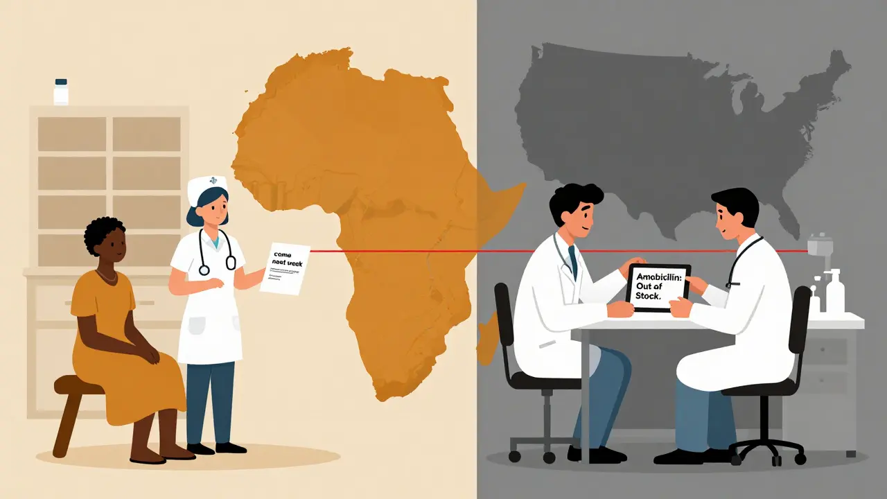 Split scene: rural Kenyan clinic with no medicine vs. U.S. hospital facing antibiotic shortage, connected by a red line.
