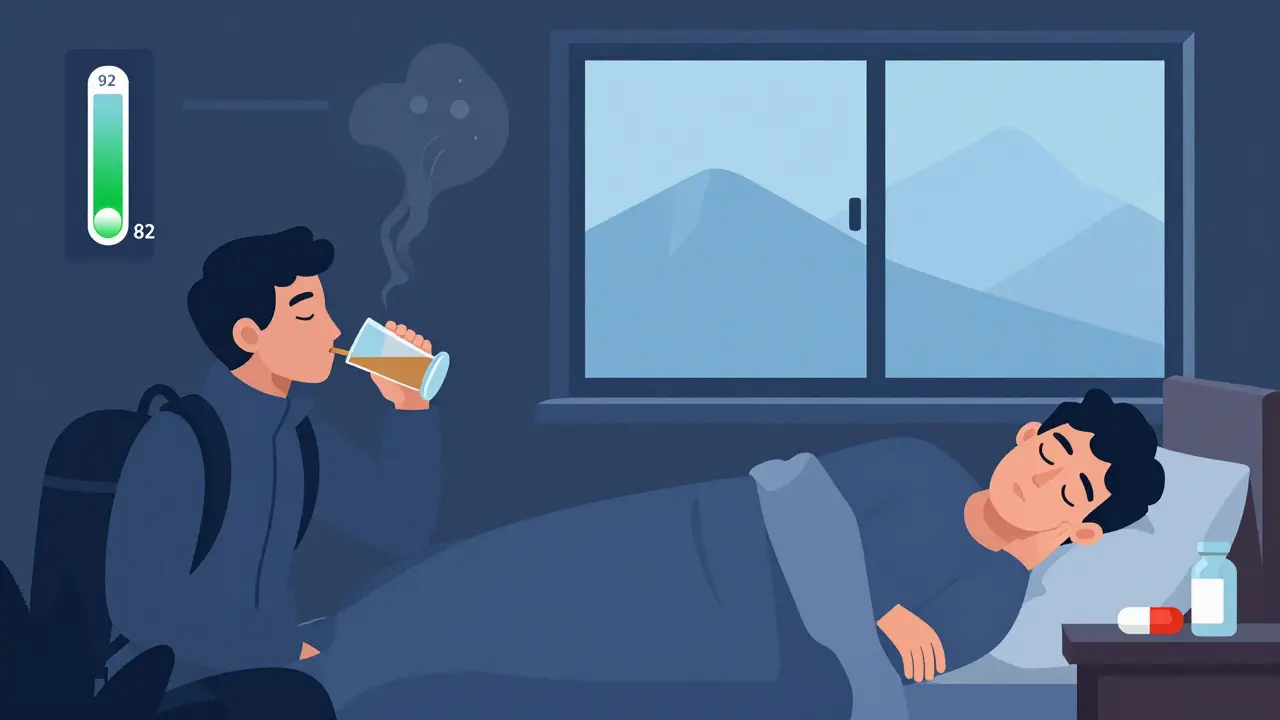 Split scene: traveler drinking alcohol with dropping oxygen levels vs. taking melatonin with stable oxygen.