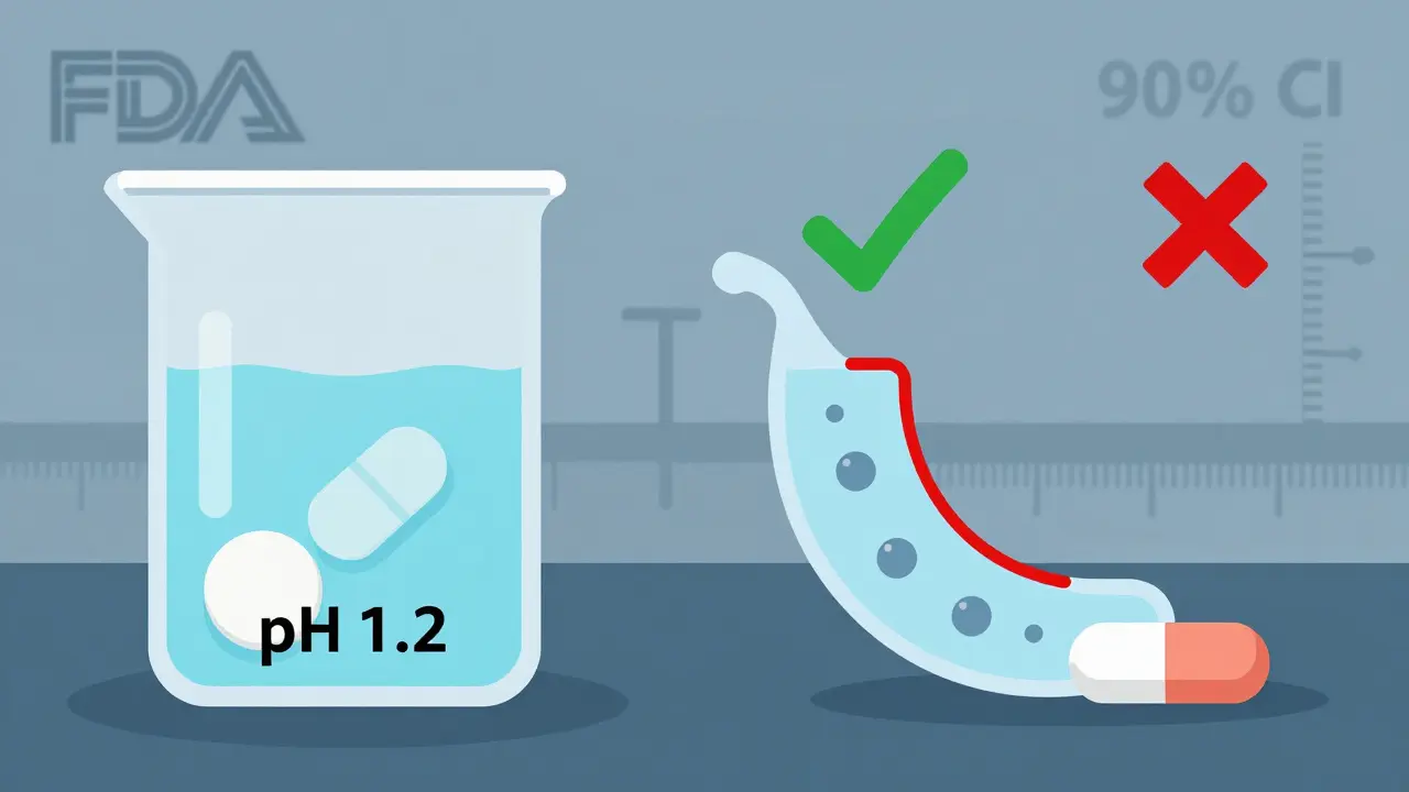 Tablets dissolving in fluid with matching and mismatched release profiles, illustrating dissolution testing for bioequivalence.