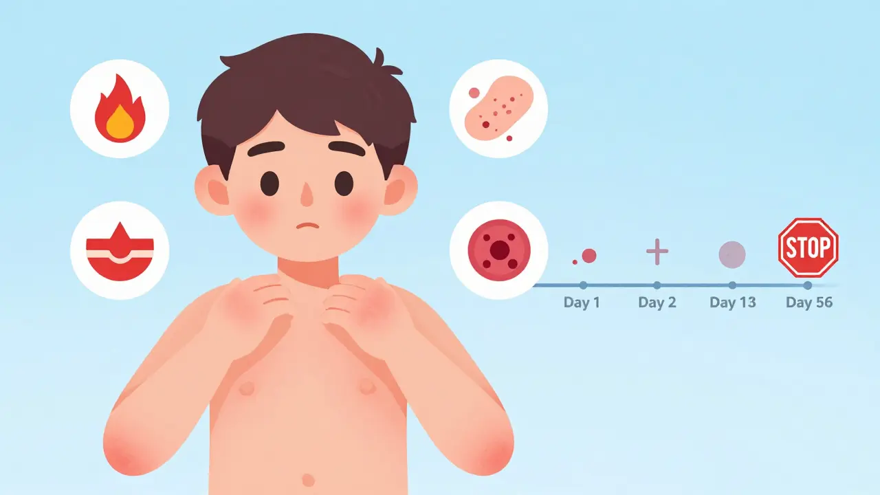 Teen with mild rash and warning symbols floating around, representing early signs of dangerous reaction.