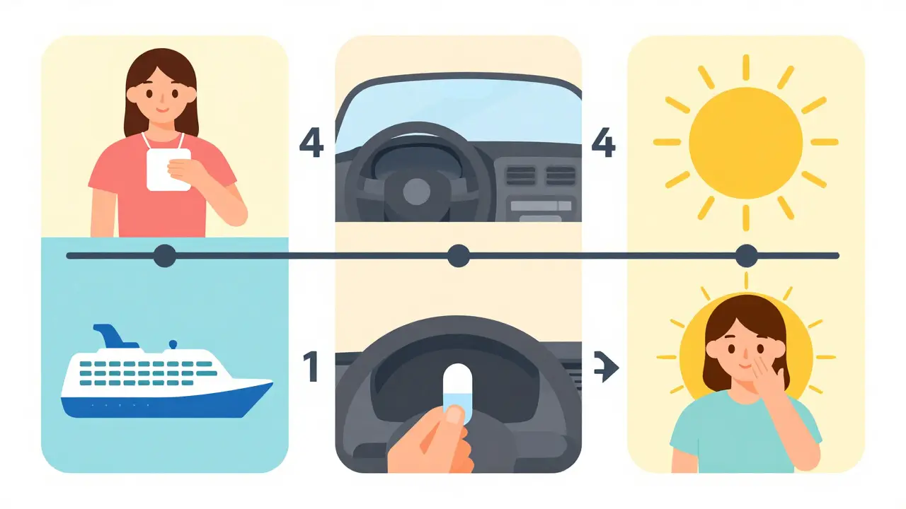 Three-panel timeline showing proper timing for motion sickness and jet lag medications with icons.