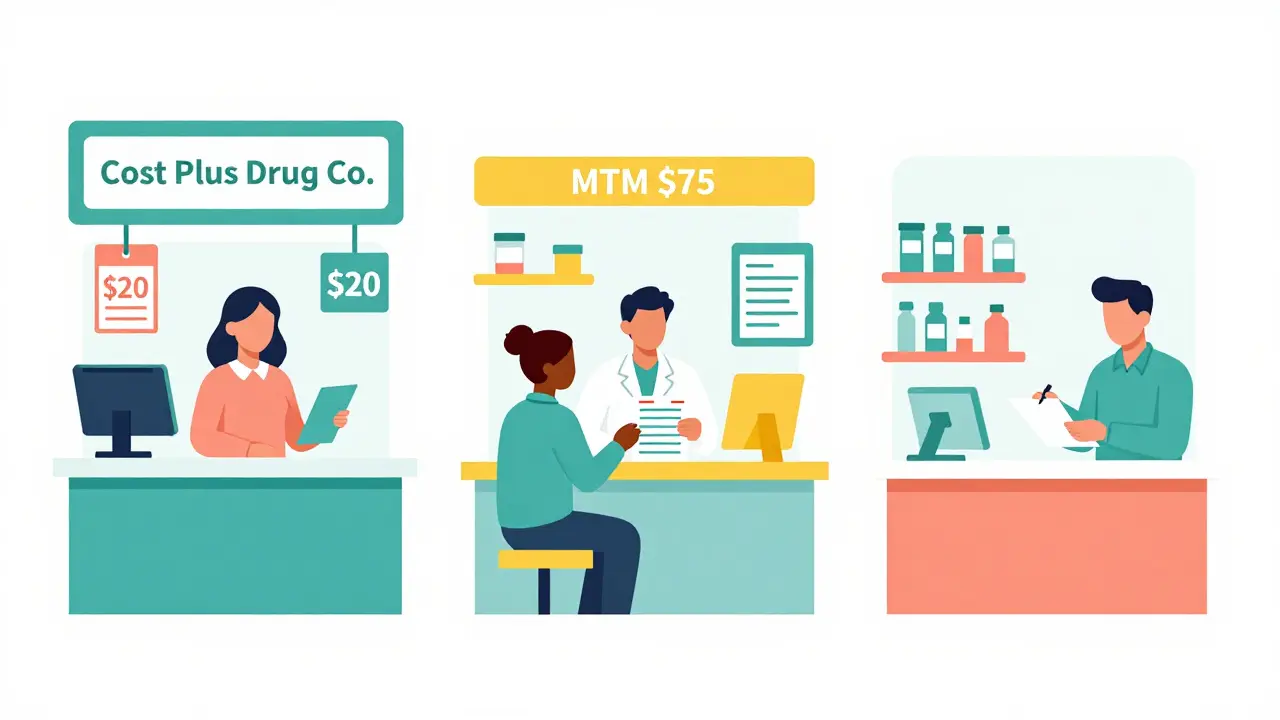 Three pharmacy models: cash-only, medication consultation, and direct employer contract.