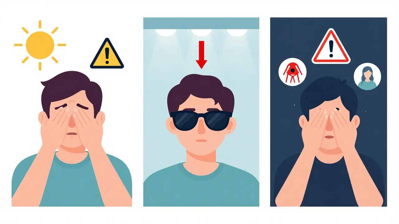 Three scenes showing mild, moderate, and severe photophobia with FL-41 lens solution
