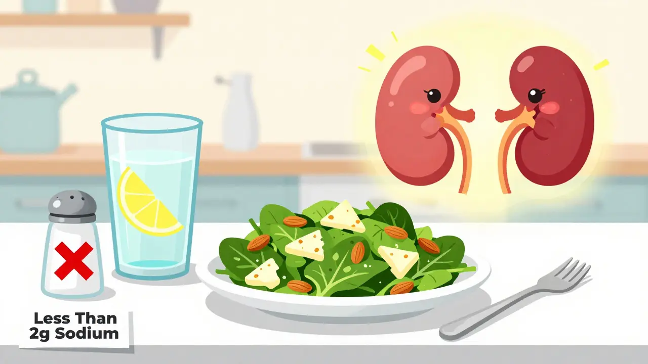A balanced meal with spinach, cheese, almonds, and lemon water, with a healthy kidney and low-sodium label.