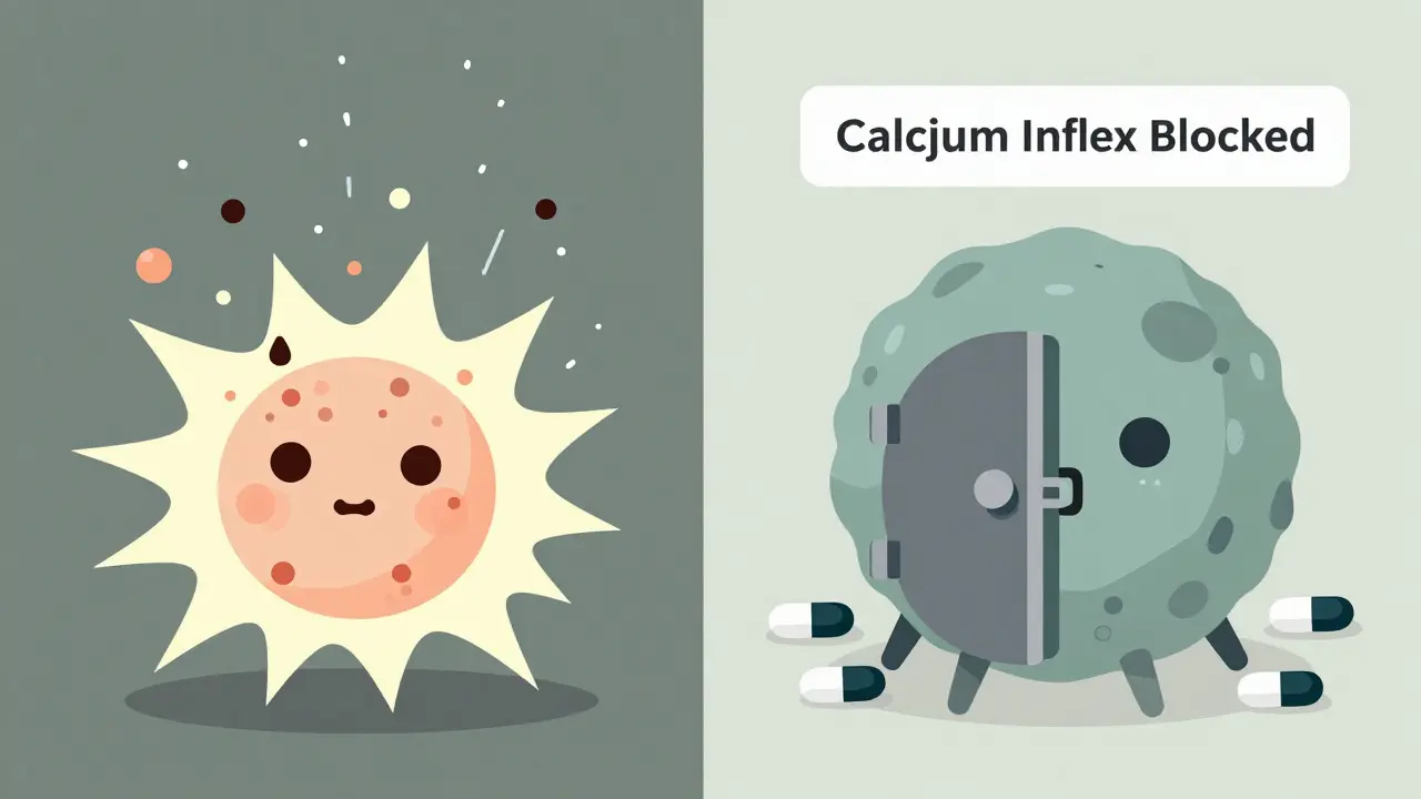 A mast cell blocked from releasing chemicals by cromolyn sodium, compared to one exploding with mediators.