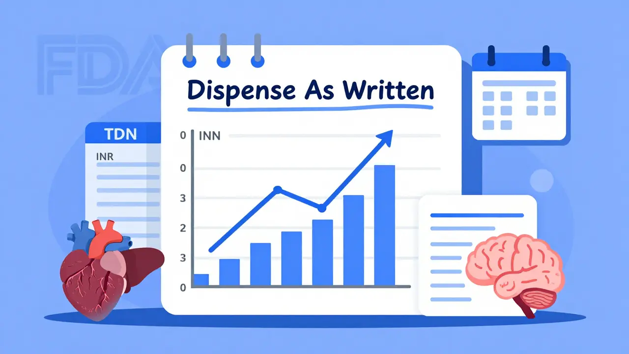 A medical chart showing fluctuating blood test levels with a prescription marked 'Dispense As Written'.