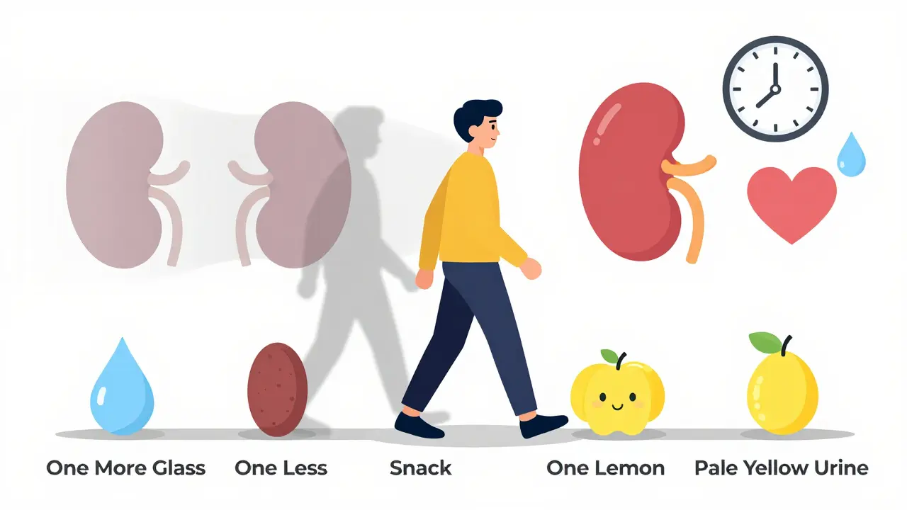 A person walking through daily habits that prevent kidney stones, with a fading stone and healthy kidney ahead.