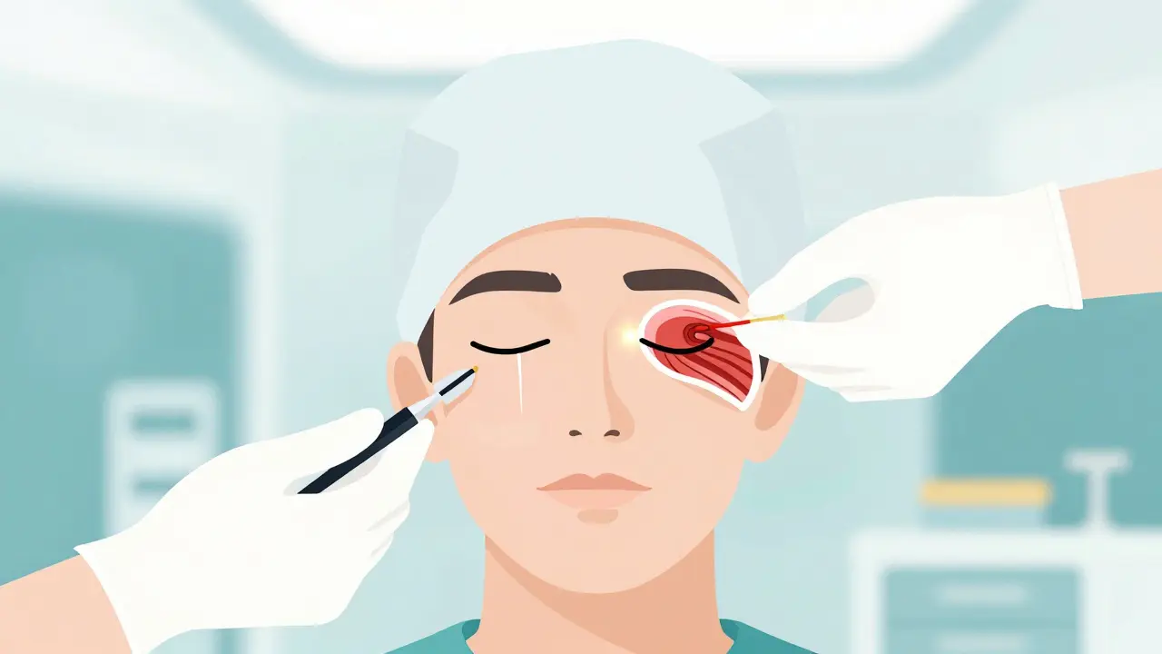 A surgeon adjusting eye muscles during strabismus surgery with a glowing adjustable suture thread.