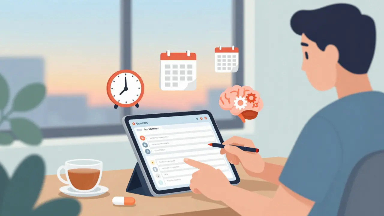 Adult using a digital task manager with calming icons and sunset in background.