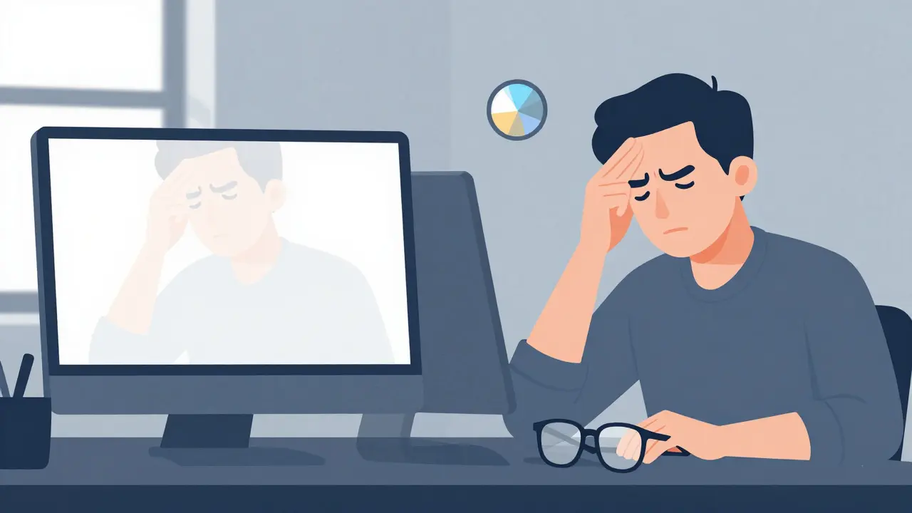 An adult with double vision at a computer, squinting and holding glasses, ghosted images visible.