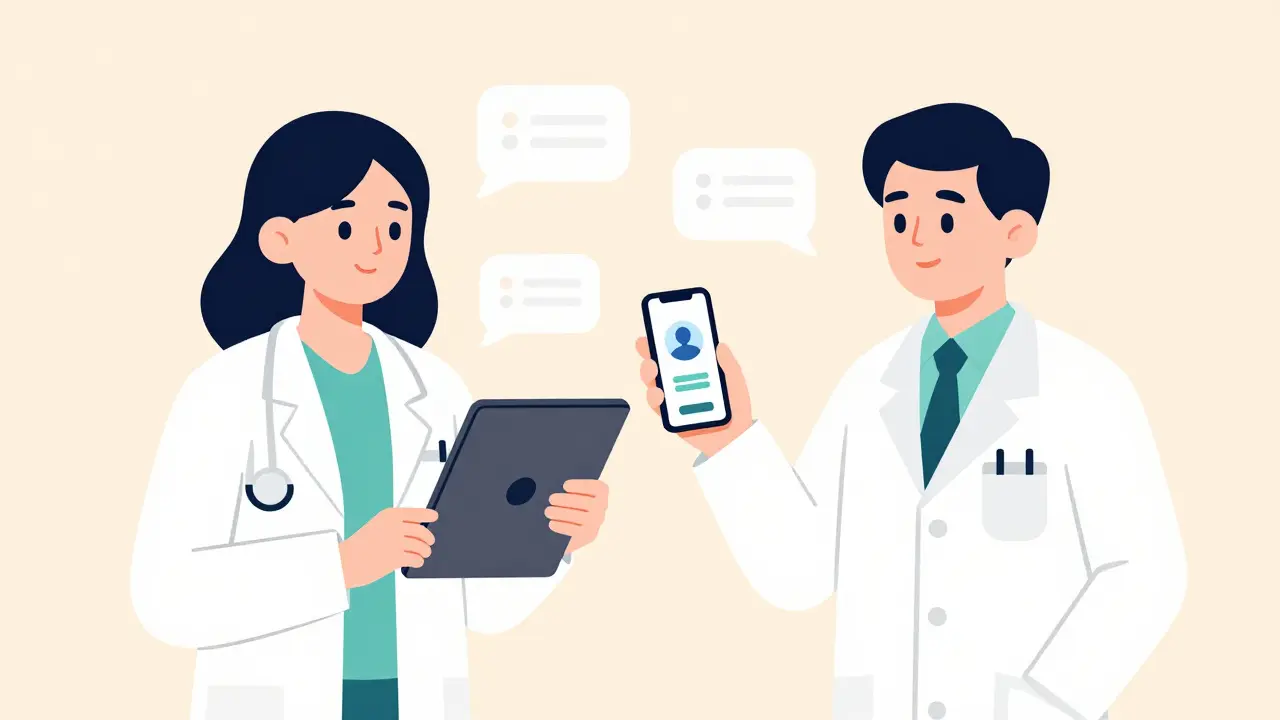 Doctor and pharmacist exchanging electronic alerts about drug substitution.