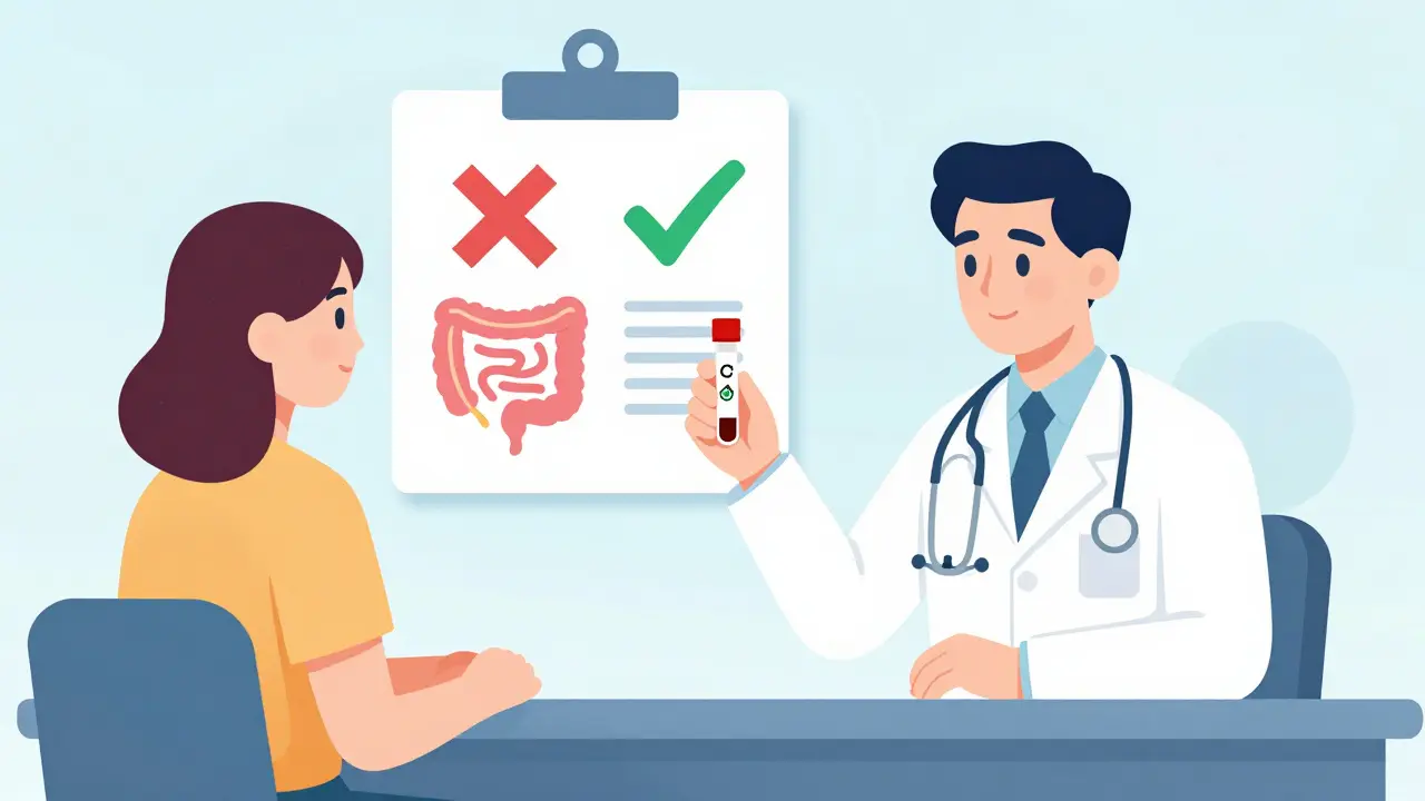 Doctor explaining C4 blood test results to patient, visualizing gut health differences to guide colesevelam use.
