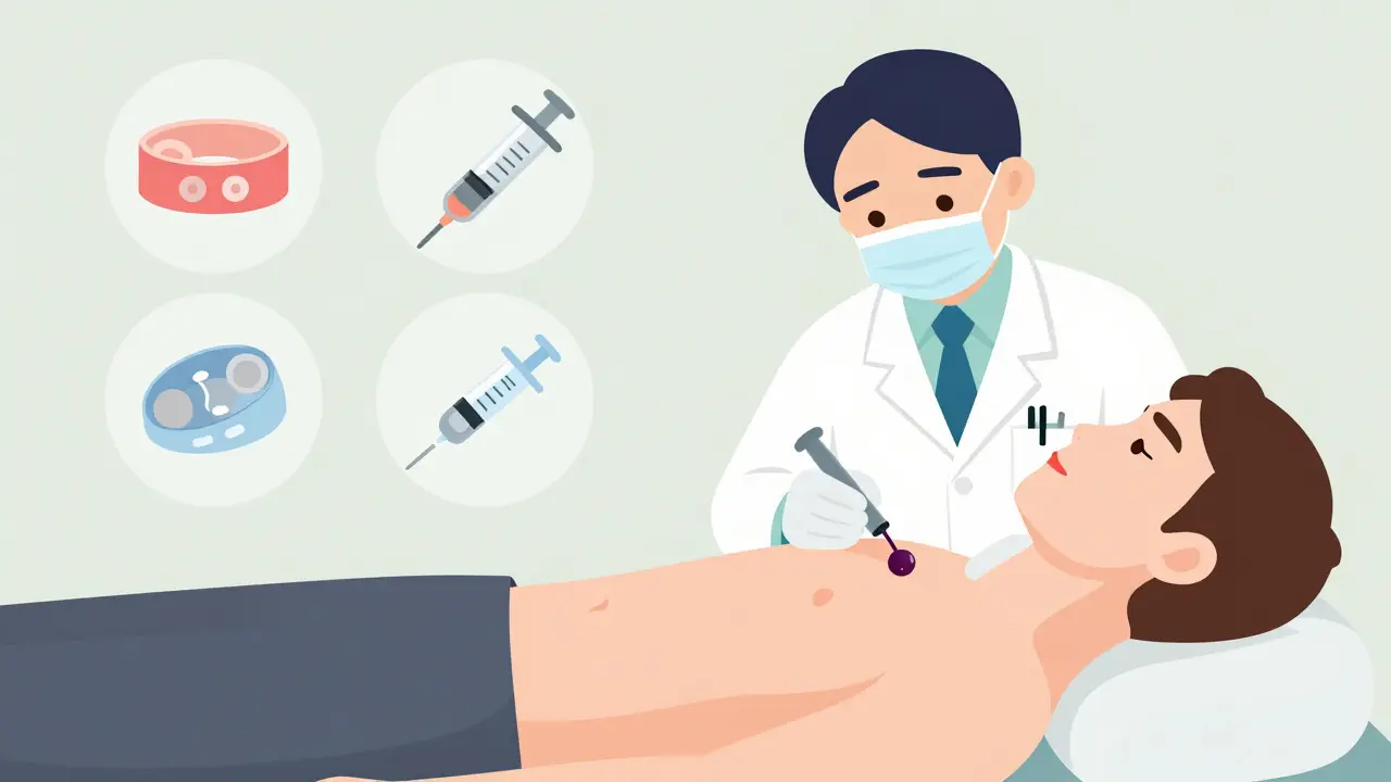 Doctor removing a clot from a thrombosed hemorrhoid in a quick, minimally invasive procedure.