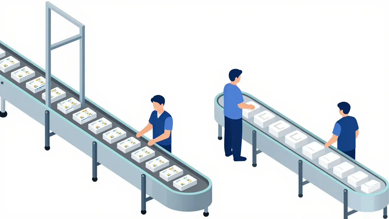 Factory conveyor belt packaging identical pills into branded and generic boxes with same logo