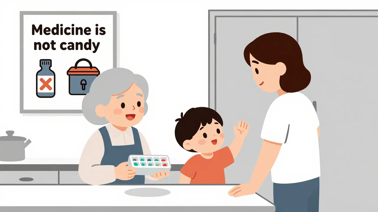 Family discussing safe medicine storage with poster showing icons of bottle, lock, and child