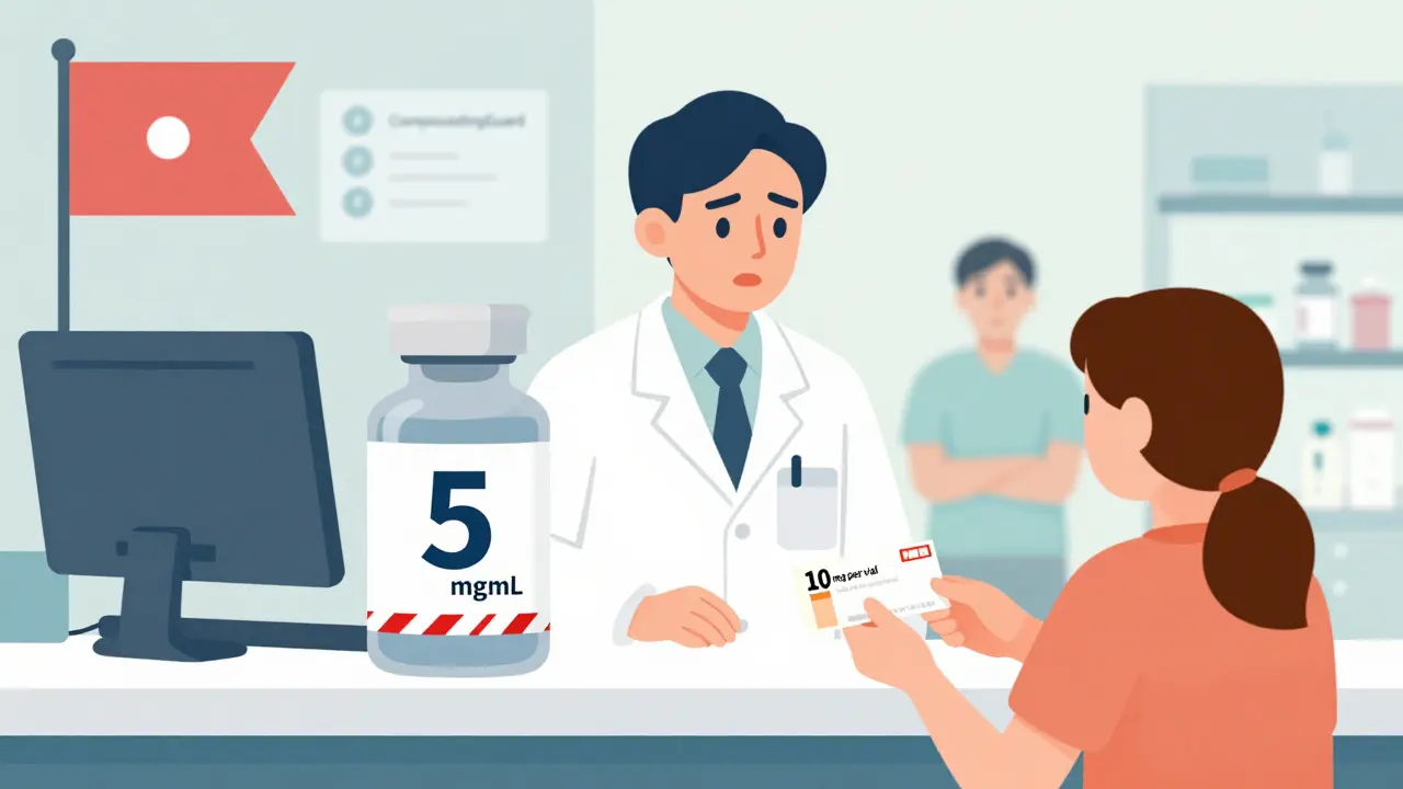 Parent receiving correctly labeled medication beside a dangerously ambiguous label, with AI error detection in background.