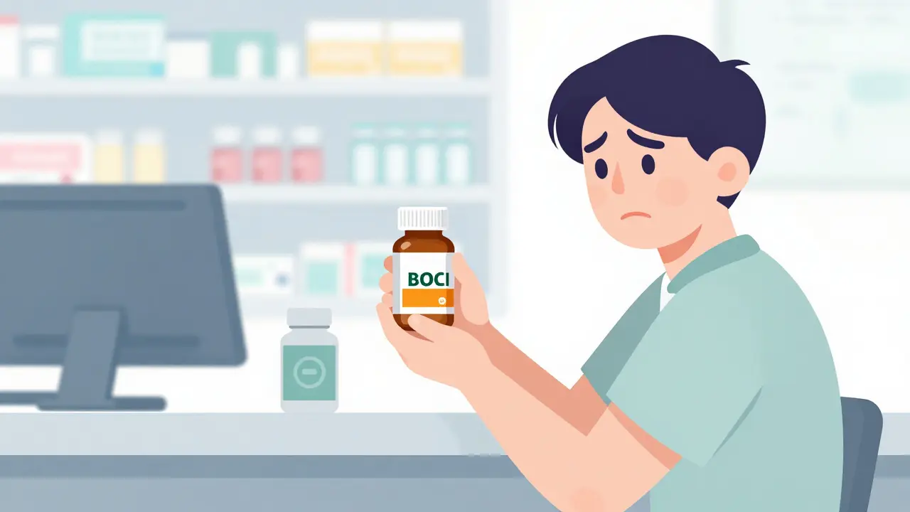 Patient confused holding two pill bottles with different packaging but same logo