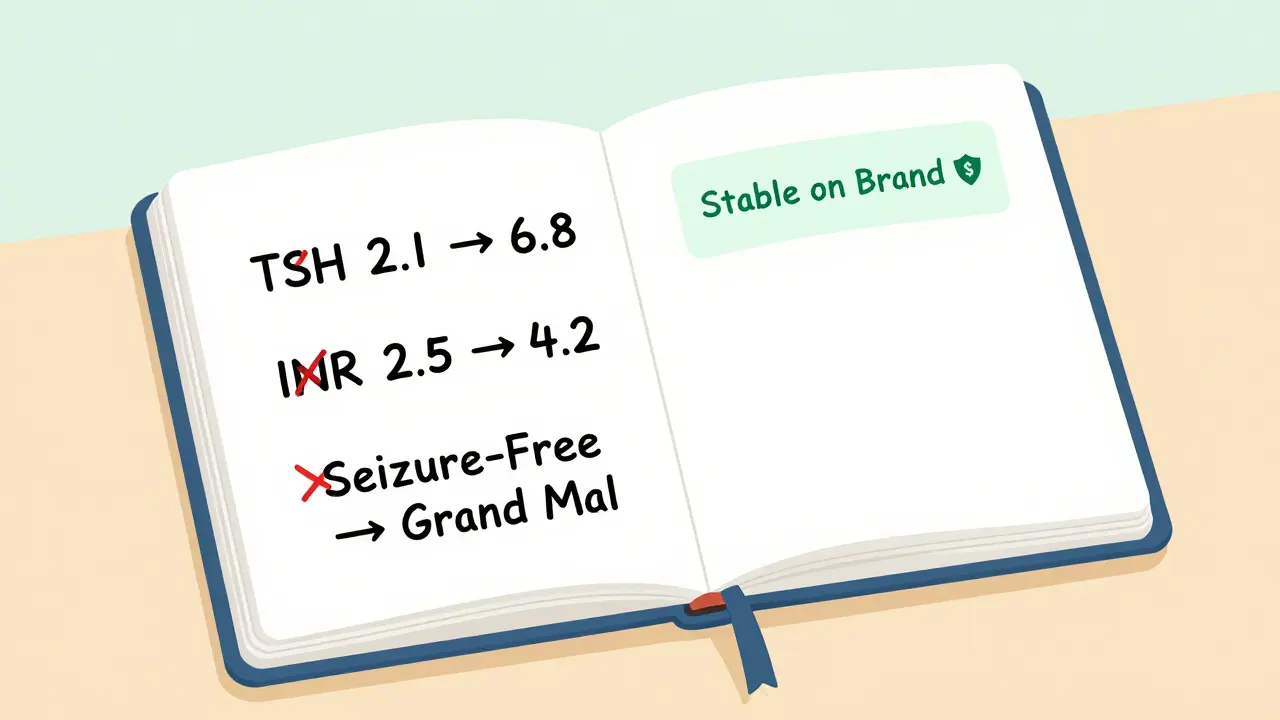 Patient journal showing lab results after generic switches, with one stable note in green and others crossed out.