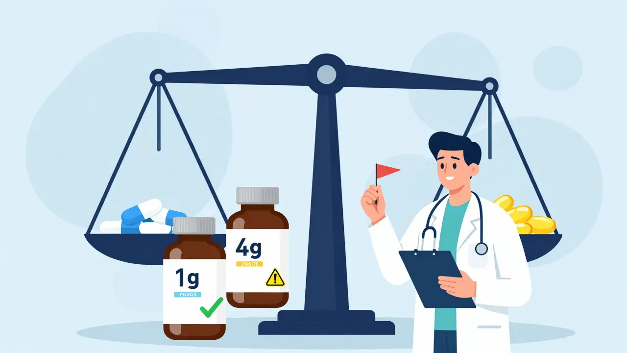 Person comparing low-dose and high-dose fish oil bottles with medical guidance symbols.