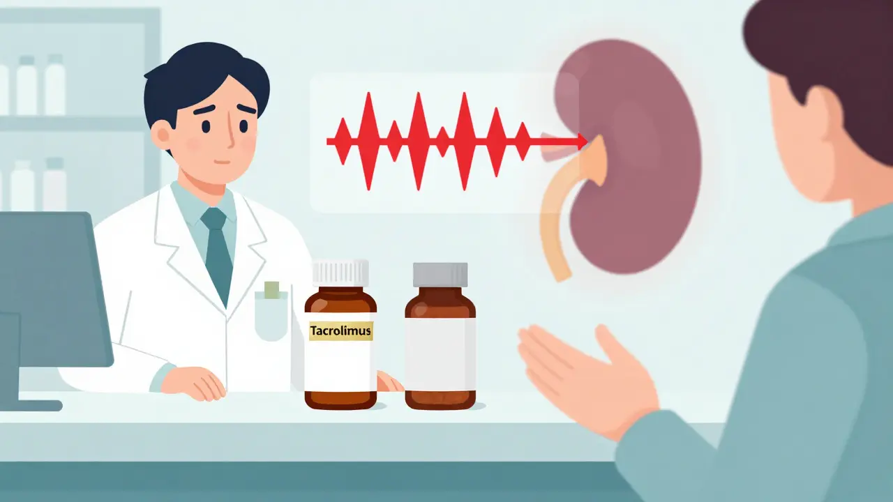 Pharmacist at counter hesitating between branded and generic tacrolimus bottles, with blood level fluctuations above.