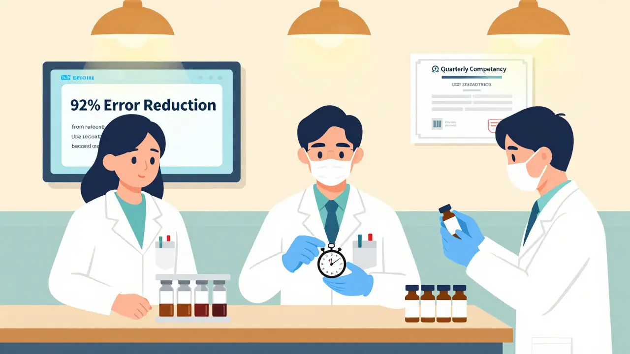 Pharmacists training with barcode scanning and contamination simulation, showing error reduction metrics on screen.