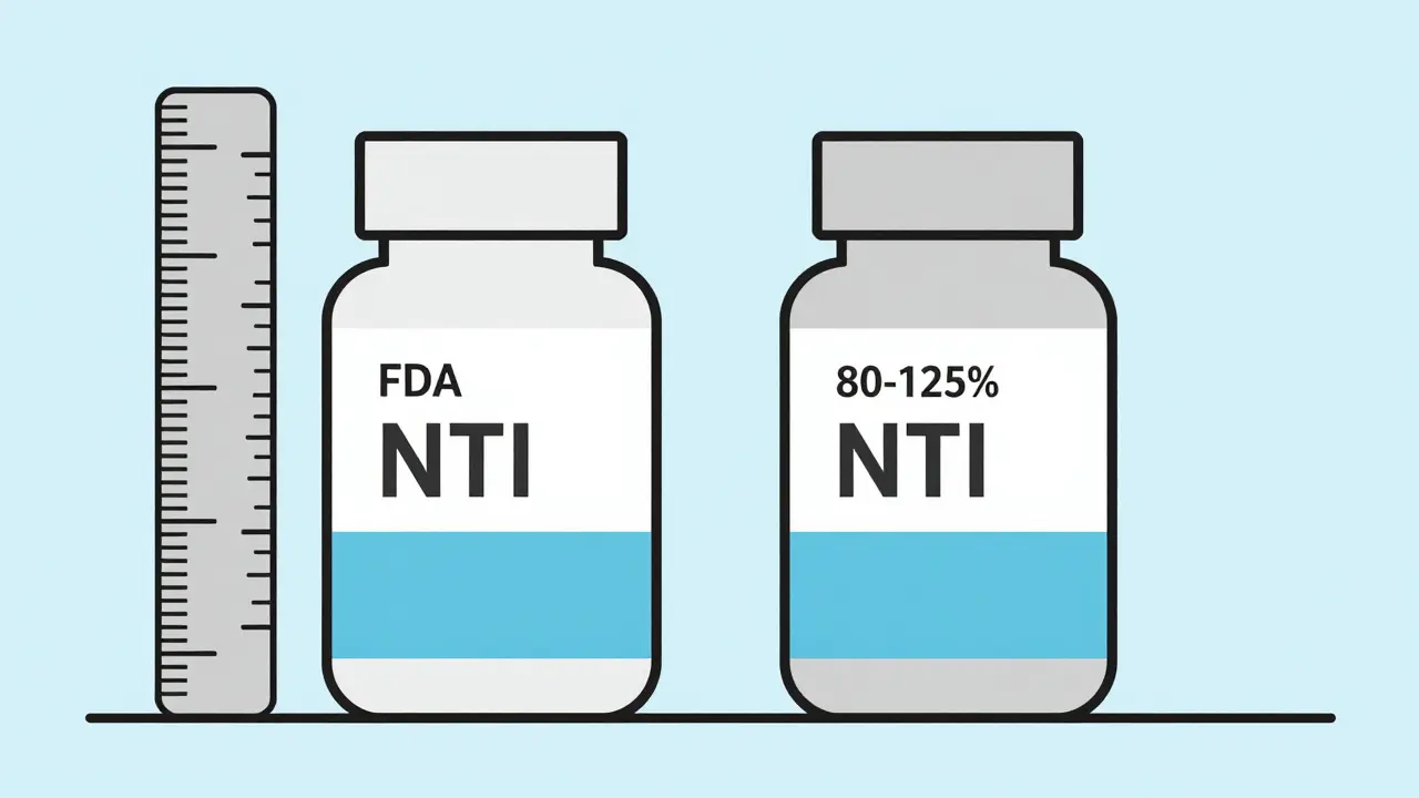 Ruler comparing FDA's bioequivalence ranges for NTI versus standard drugs.