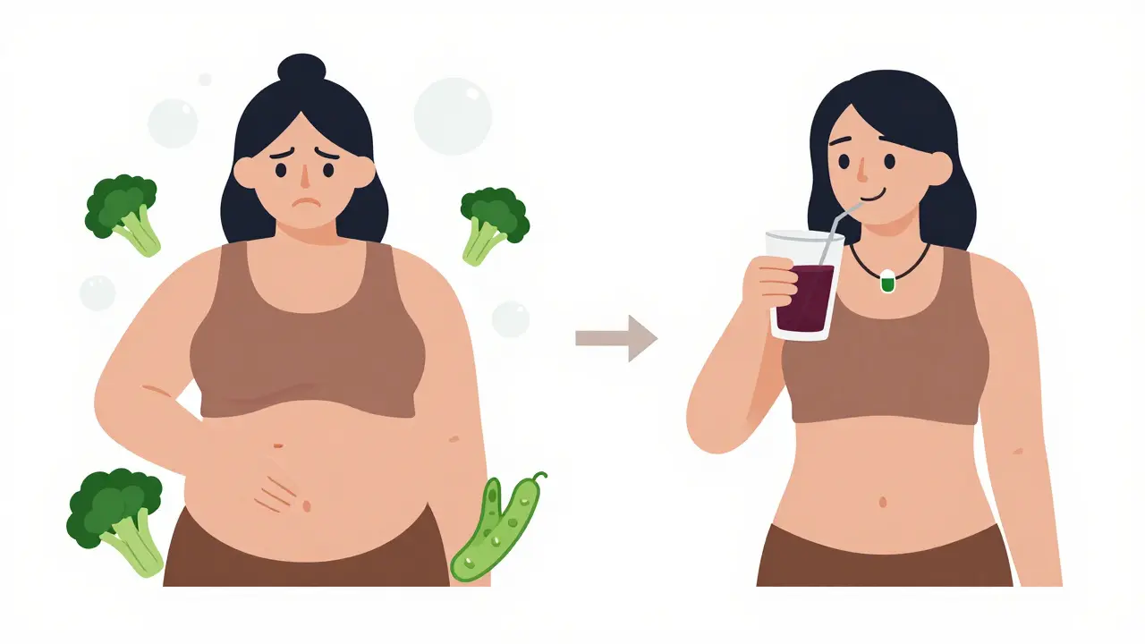 Split image showing bloating relief through diet and peppermint oil, comparing discomfort to improved digestion.