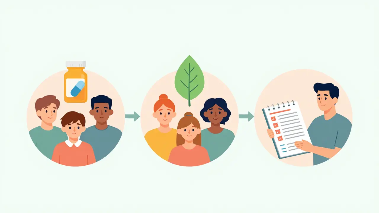 Three interconnected treatment pillars supporting diverse individuals with calm expressions.