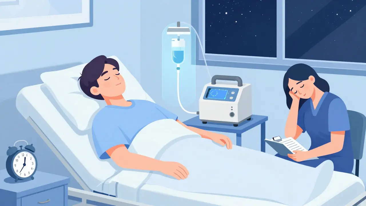 A patient sleeps peacefully while a portable dialysis machine operates beside the bed at night, with a care partner nearby.