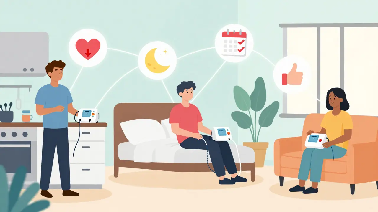 Diverse patients using home dialysis in different rooms, with health outcome icons floating above them showing improved well-being.