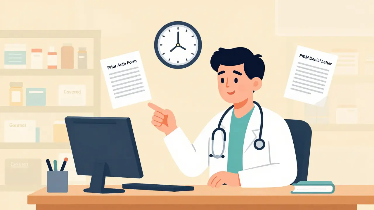 Doctor overwhelmed by prior authorization paperwork and state formulary documents