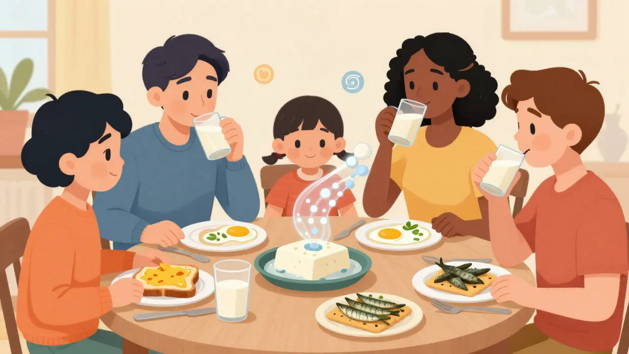 Family eating calcium-rich non-dairy foods together at dinner with nutritional benefits shown.