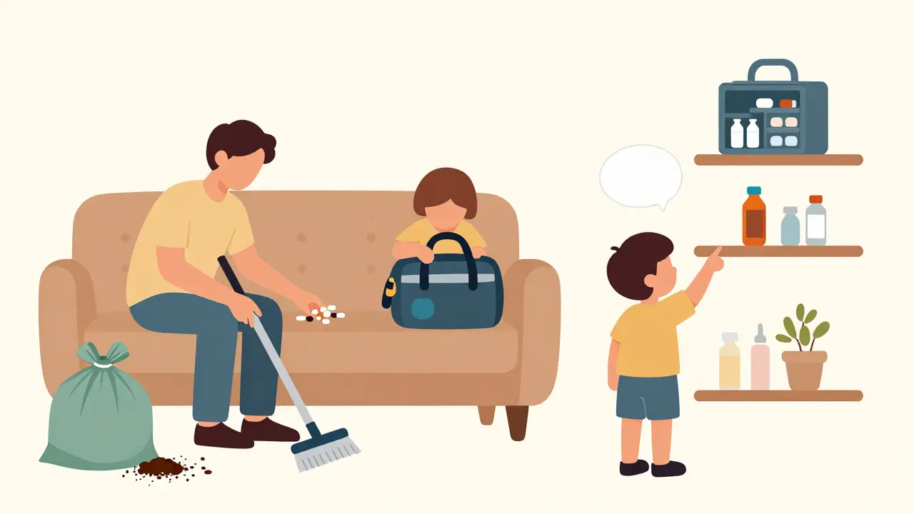 Family performing a weekly safety check for medicine hazards at home.