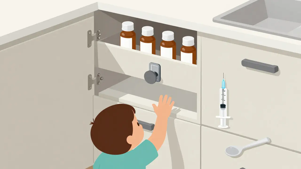 Locked high cabinet with medicine stored safely, child unable to reach it.