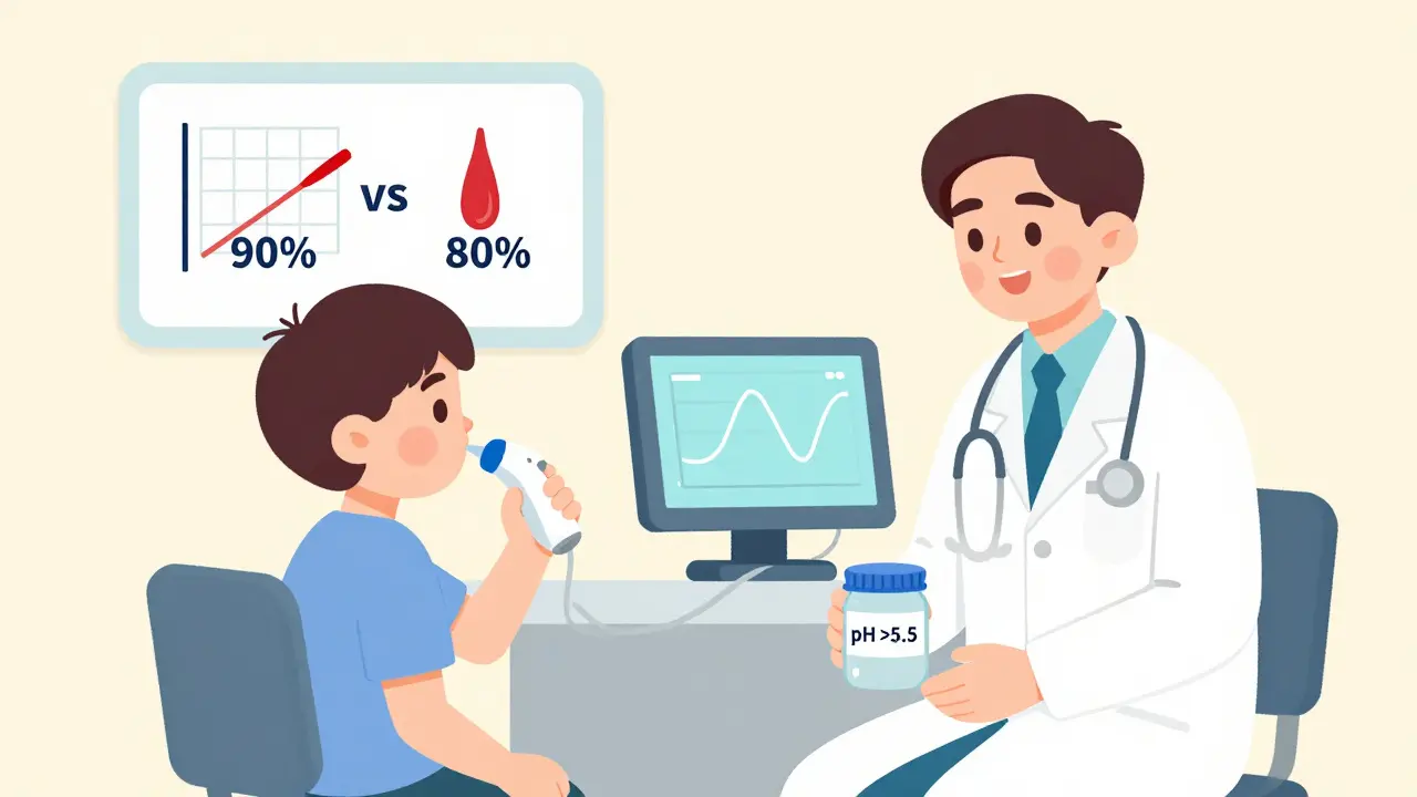 Patient taking a hydrogen breath test while a doctor monitors results in a clinic.