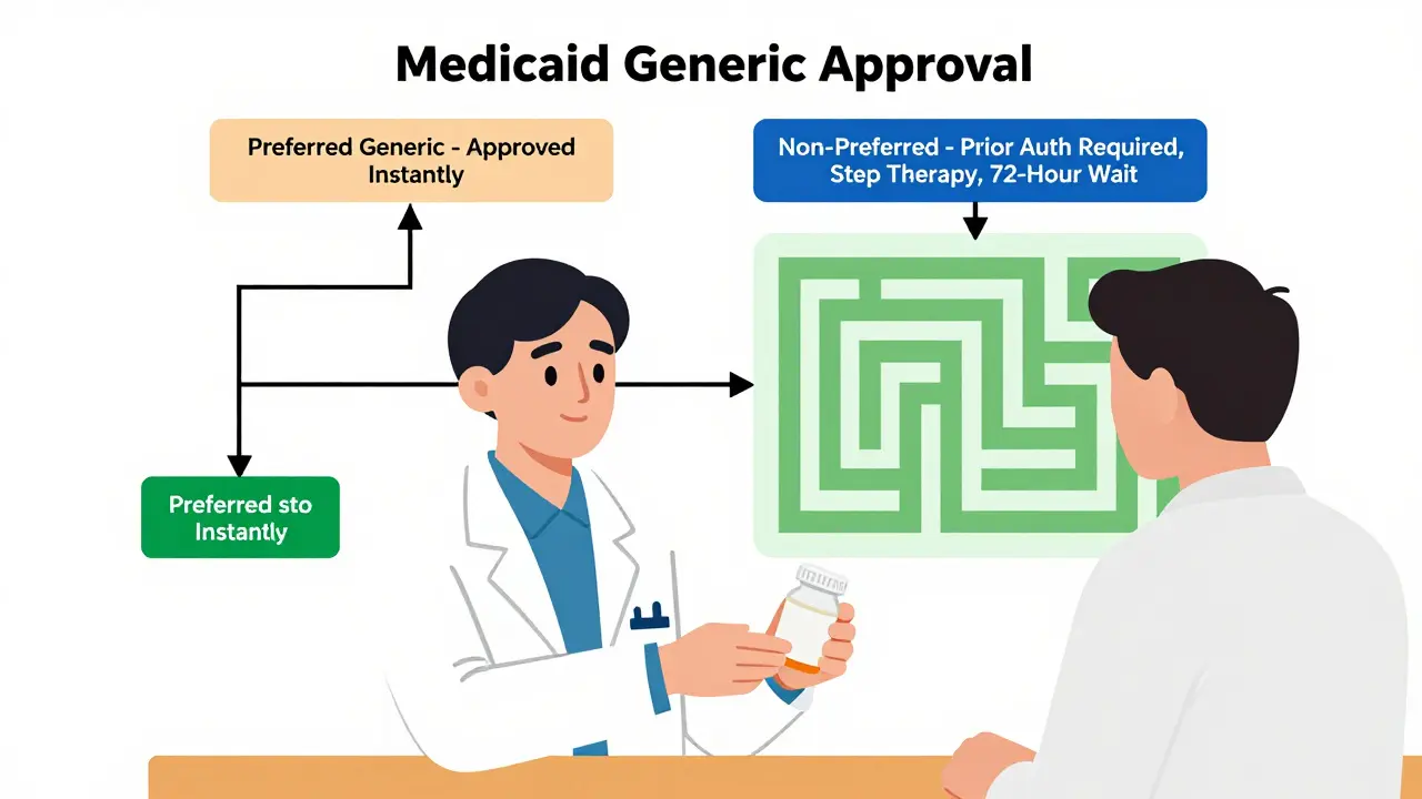 Pharmacist giving generic pill to patient while flowchart shows approval pathways
