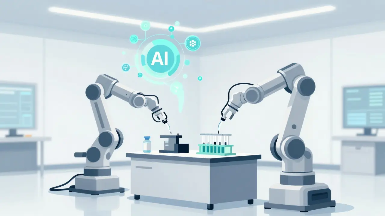 Robotic arms assembling sterile syringes in a modern automated cleanroom facility.
