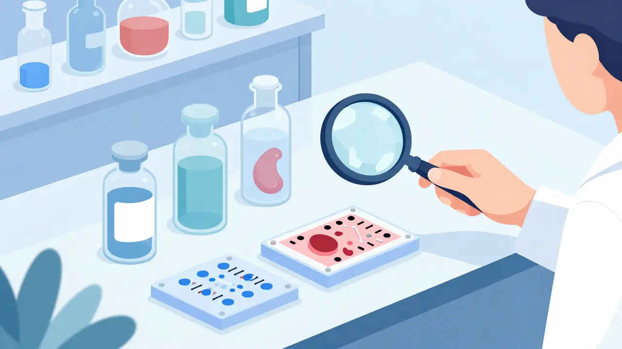 Scientific desk with micro chip models and vials representing lab research.