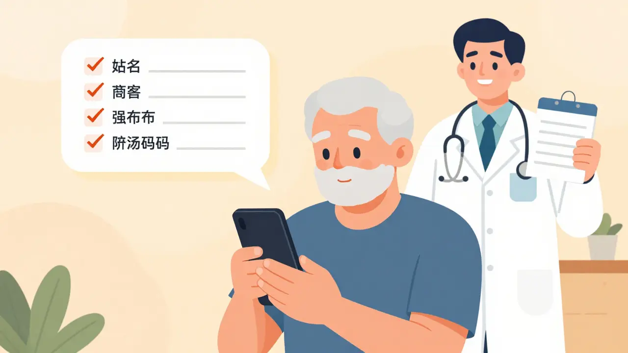 Senior using phone to read small print on prescription label, pharmacist offering large-print version.