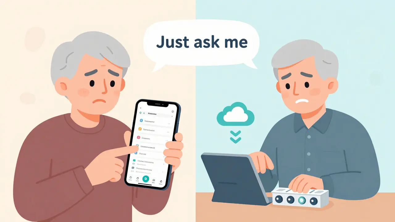 Split scene contrasting confusing phone apps with simple pillbox device, highlighting human interaction over technology.