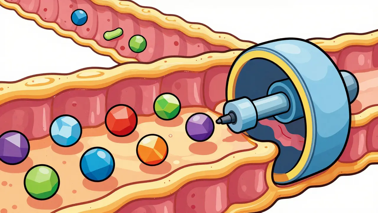 Stylized cell membrane with protein pump pushing a molecule back away.