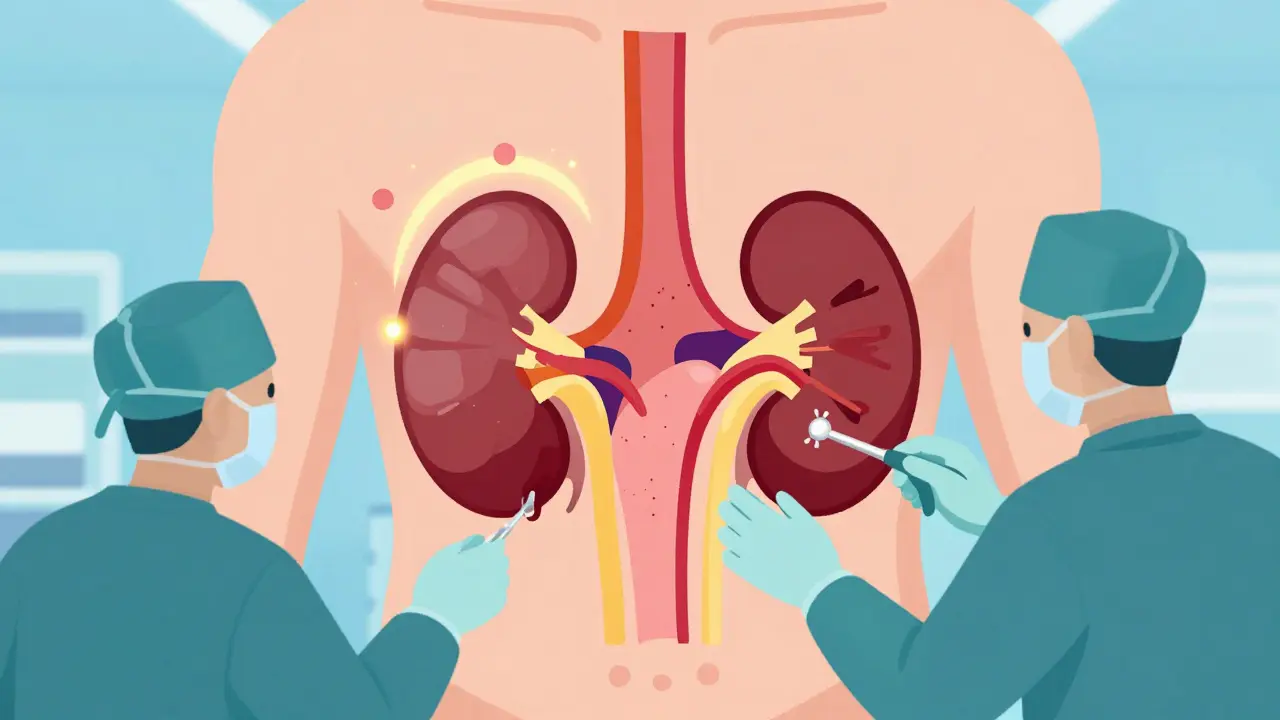 Surgeons placing new kidney during transplant surgery