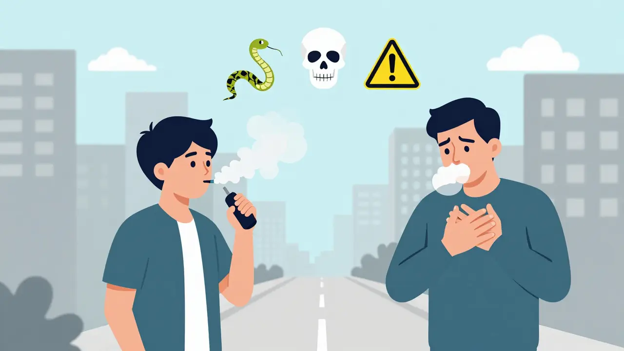 Teen vaping on street while bystander struggles to breathe, with floating toxin icons above them.