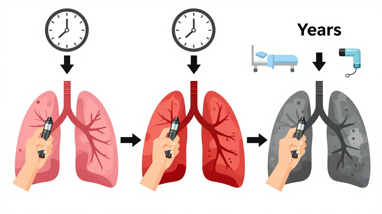 Timeline showing healthy lungs turning scarred over time as a person vapes, with visual symbols of decline.