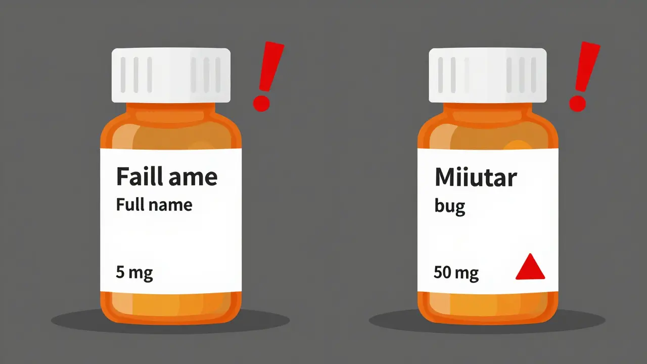 Two prescription bottles side by side: one correct, one with dangerous labeling errors.