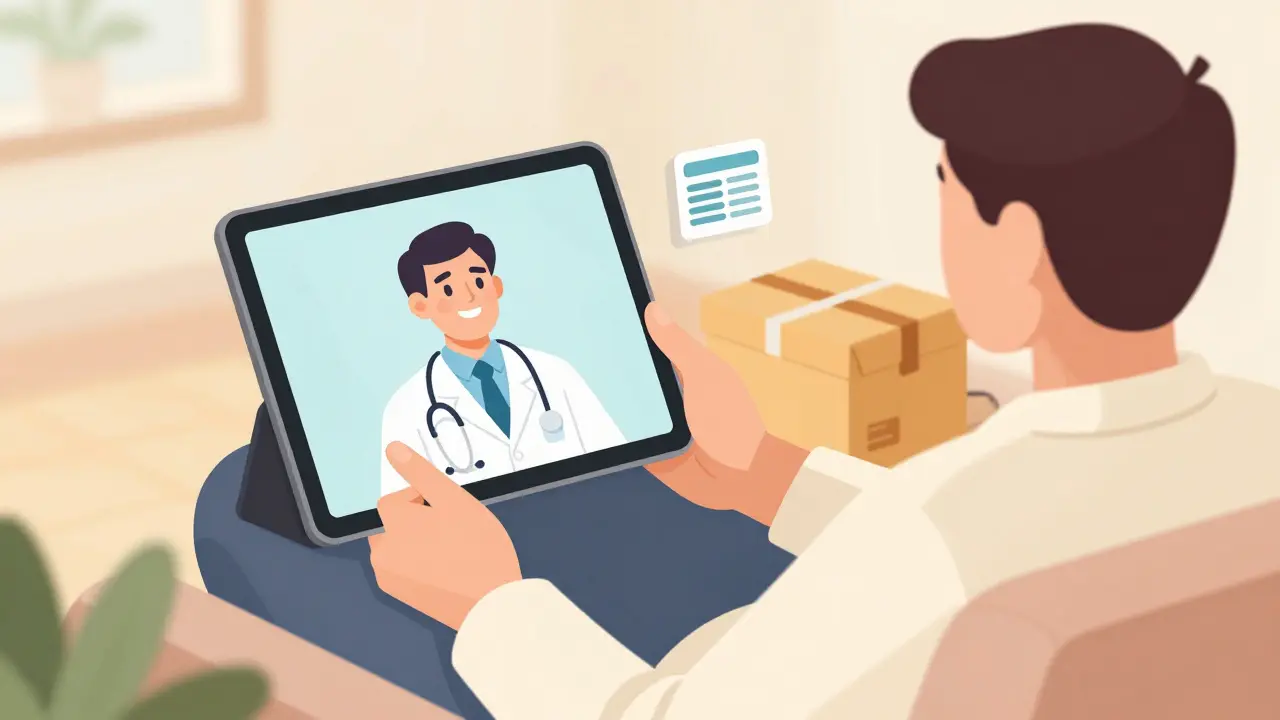 A person having a telehealth appointment on a tablet for a prescription.