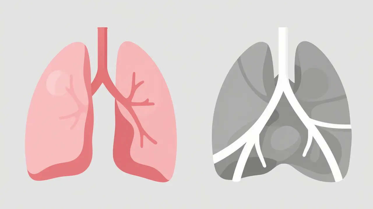 Comparison between a healthy flexible lung air sac and a stiff scarred one.